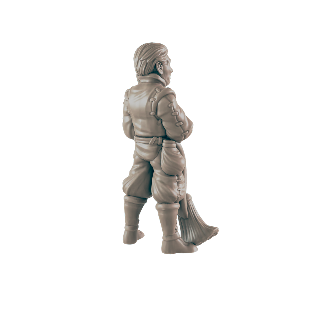 A miniature figurine of a person, possibly a male, stands with a broom, appearing to be a janitor or similar occupation, set against a plain background.