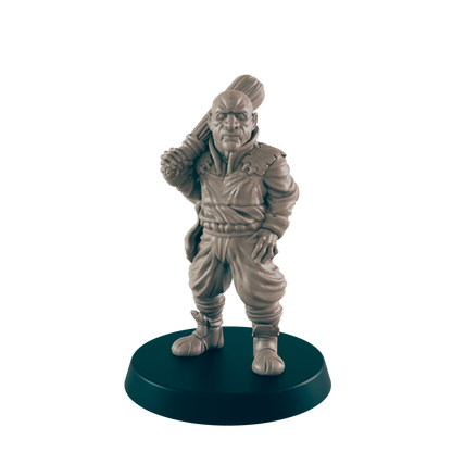 A miniature figurine of a stout man, carrying a club over his shoulder, stands on a dark circular base.