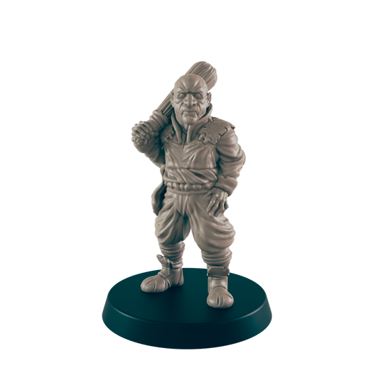A miniature figurine of a stout man, carrying a club over his shoulder, stands on a dark circular base.
