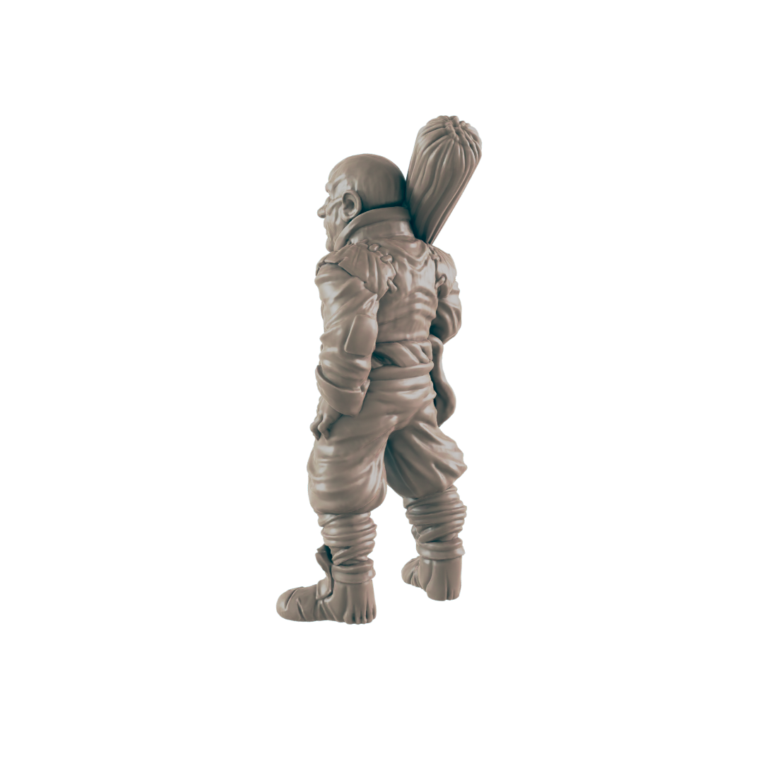 A miniature dwarf figurine stands, carrying a club on its back, against a black background.