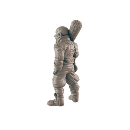 A miniature dwarf figurine stands, carrying a club on its back, against a black background.