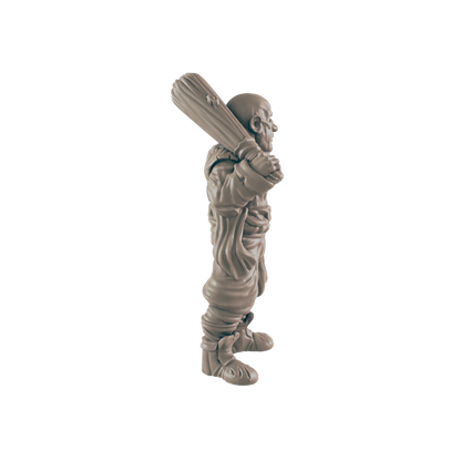 A miniature figure of a stout, robed humanoid holds a club across its shoulders; it stands against a dark background.