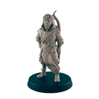 A miniature figurine of a hooded archer stands on a dark base.  He is posed casually, hands at his sides. The archer wears a long robe and carries a bow.
