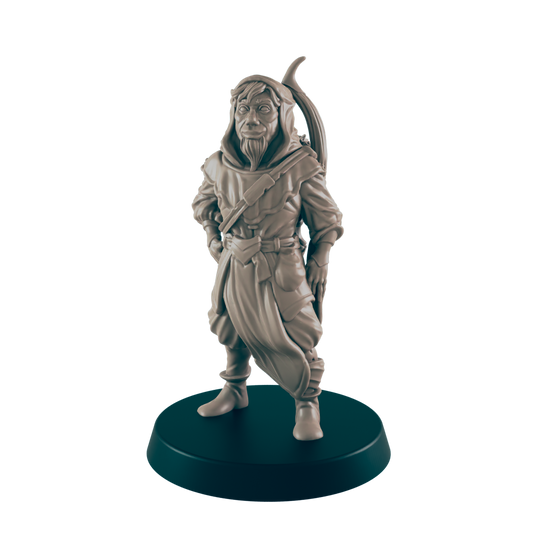 A miniature figurine of a hooded archer stands on a dark base.  He is posed casually, hands at his sides. The archer wears a long robe and carries a bow.