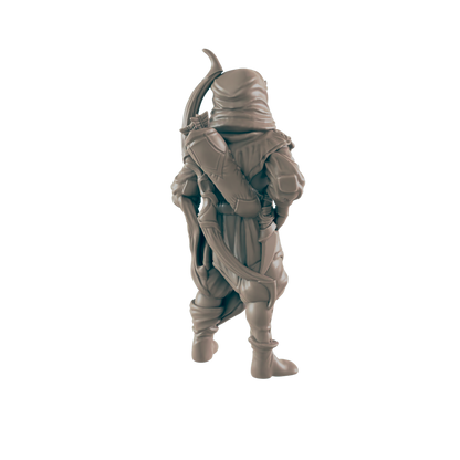 A miniature hooded figure, appearing to stand, is equipped with a bow and quiver.  It is presented against a black background.