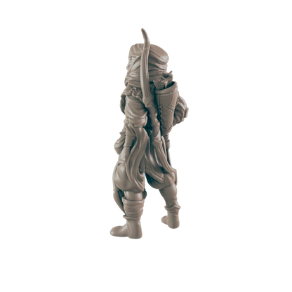 A miniature figurine of a hooded archer stands, quiver on back, against a dark background.