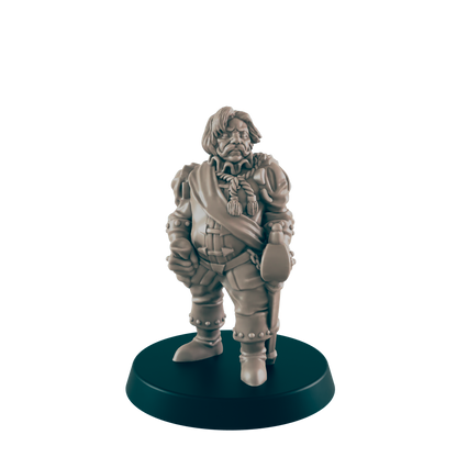 A miniature figurine of a stout man stands; he is dressed in 17th-century attire and holds objects in both hands, on a dark circular base.