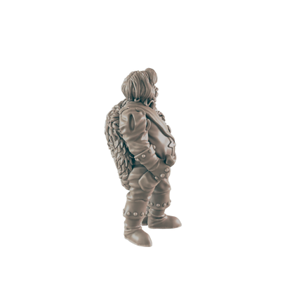 A miniature figurine of a stout, fur-clad figure stands against a black background.  The figure is rendered in a light grey/beige color, appearing to be made of resin or plastic.