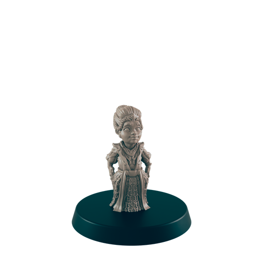 A miniature figurine of a woman, standing in an ornate gown, rests on a dark circular base against a dark background.