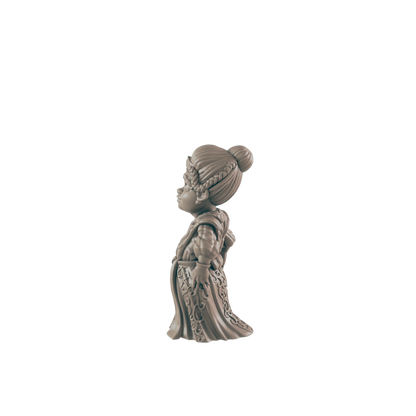 A gray figurine of a woman, stands, facing right, wearing an ornate gown, against a black background.