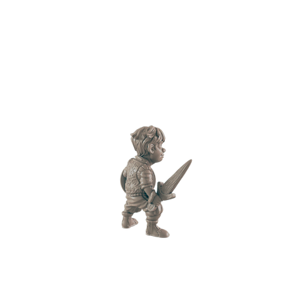 A miniature figurine of a young knight, holding a sword and shield, stands on a dark background.