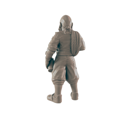 A light-gray, unpainted miniature of a pirate stands with their back to the viewer. A rope is slung around their shoulder, and they are on a black backdrop.