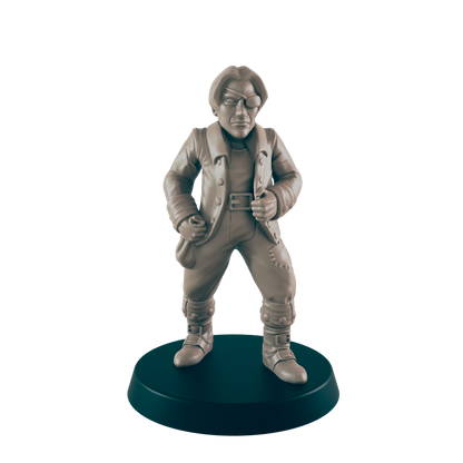 A miniature figure stands on a black base, posed in a nonchalant manner. The figure wears a coat, buckled boots, and an eye patch.