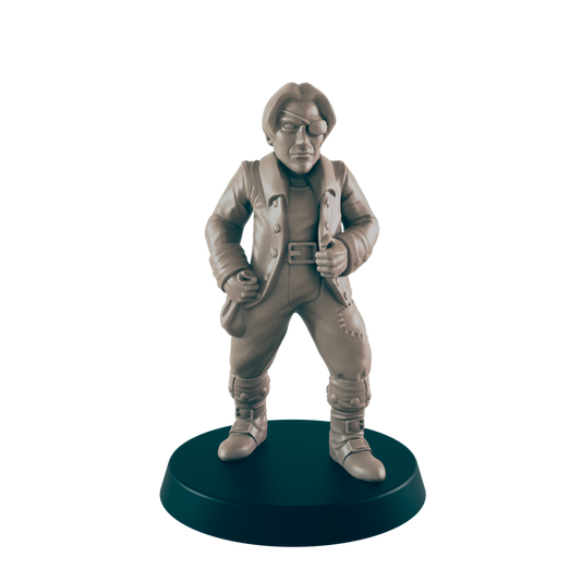 A miniature figure stands on a black base, posed in a nonchalant manner. The figure wears a coat, buckled boots, and an eye patch.