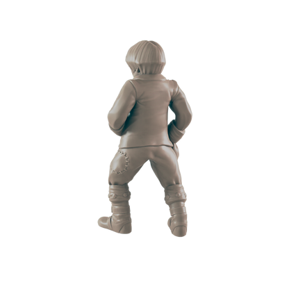 The figure of a person stands in a neutral pose, facing away from the viewer. They are wearing a jacket and pants with visible patches. The background is solid black.