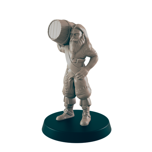 A miniature dwarf figure carries a barrel on his shoulder while standing on a dark-colored base against a black backdrop.
