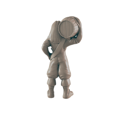 A miniature, humanoid figure hoists a barrel. The figure, seen from behind, is dressed in pirate-like clothing on a black background.