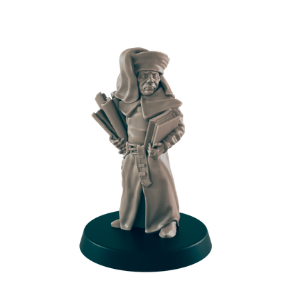 A miniature scholar figure stands on a dark circular base, holding scrolls and books.  He wears a long robe and hooded headdress.