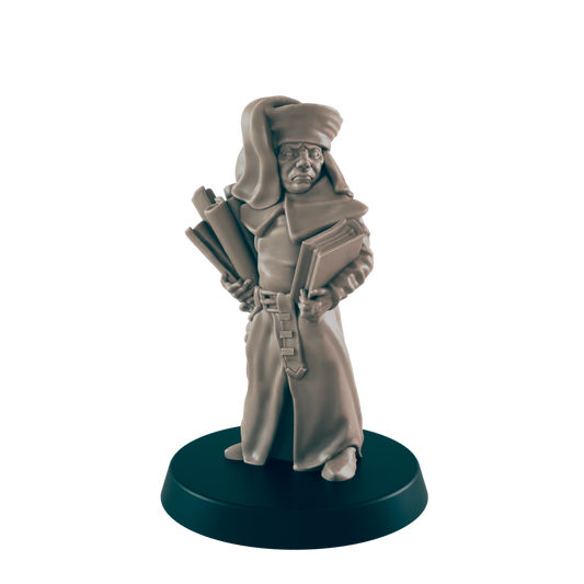 A miniature scholar figure stands on a dark circular base, holding scrolls and books.  He wears a long robe and hooded headdress.