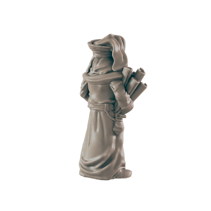 A miniature figure, possibly a scribe, stands carrying scrolls.  It is facing away, wearing a long robe and hood.  The setting is undefined.