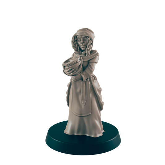 A miniature figurine of a woman, holding a pail, stands on a circular base.  She wears a hooded robe and long dress.