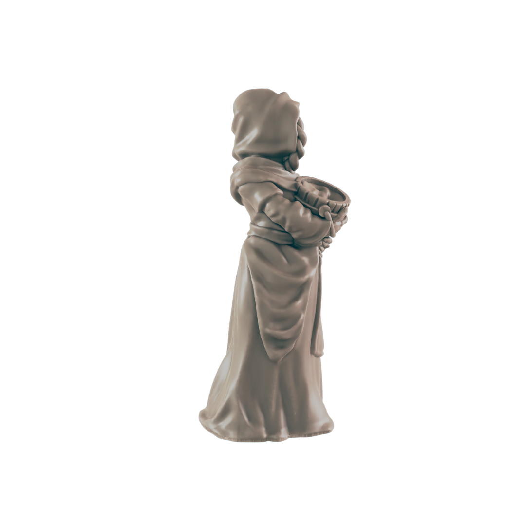 A miniature statue of a robed woman holds a bowl, standing against a black background.