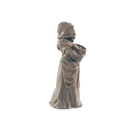 A miniature statue of a robed woman holds a bowl, standing against a black background.