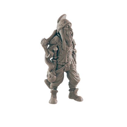 A miniature figure of a bearded dwarf stands, holding a weapon and a flask.  He wears a tunic, pants, boots, and a helmet. The context is an isolated, dark background.
