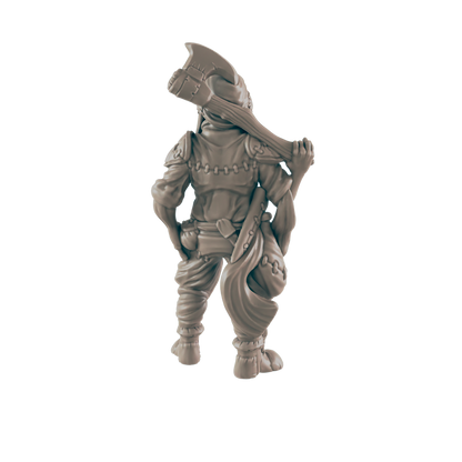 A miniature humanoid figure, carrying a large axe over its shoulder, stands against a dark background.