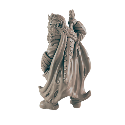 A cloaked dwarf figure stands, his back towards the viewer, gripping a staff or sword in his raised hand. He is on a solid black background.
