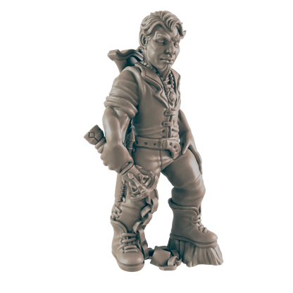 A sculpted dwarf, clothed in rugged attire and wearing laced boots, stands in a neutral pose. The background is a solid black.