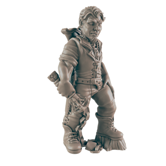 A sculpted dwarf, clothed in rugged attire and wearing laced boots, stands in a neutral pose. The background is a solid black.