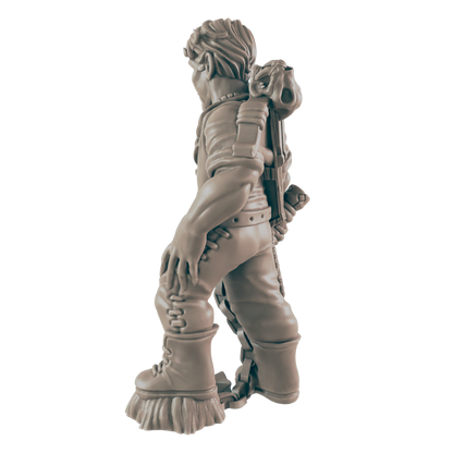 A miniature figurine of a stout, possibly dwarven, character stands, wearing bulky boots and a backpack, against a black background.