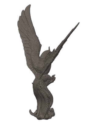 A grey, sculpted griffin, wings outstretched, talons gripping, is shown against a black background.