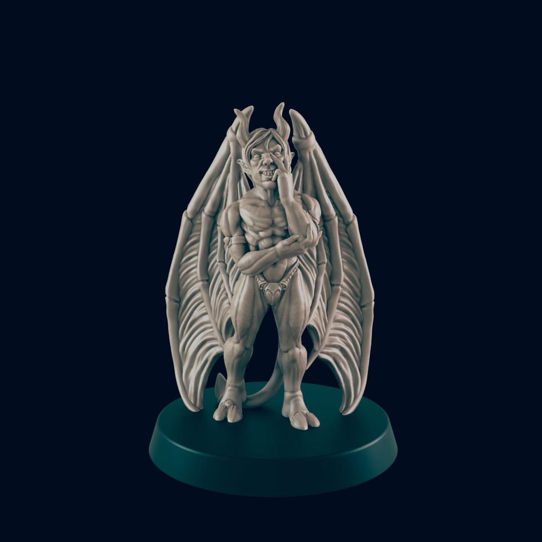 A gargoyle figurine stands pensively, its arms crossed, on a dark circular base against a black backdrop.