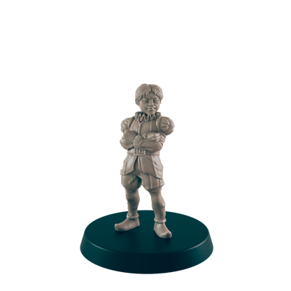 A miniature figurine stands on a circular base.  The figure, a young boy in Renaissance-era clothing, stands with arms crossed.  The setting is a dark, simple background.