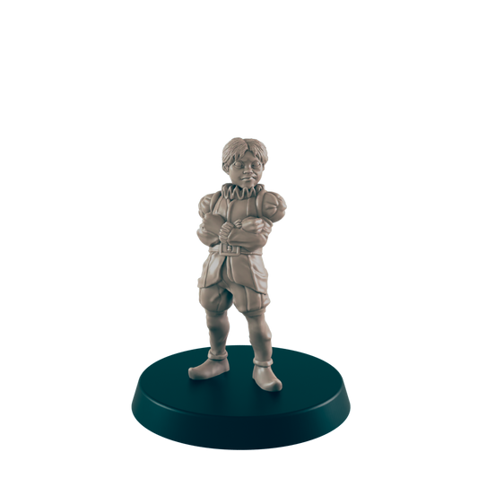 A miniature figurine stands on a circular base.  The figure, a young boy in Renaissance-era clothing, stands with arms crossed.  The setting is a dark, simple background.