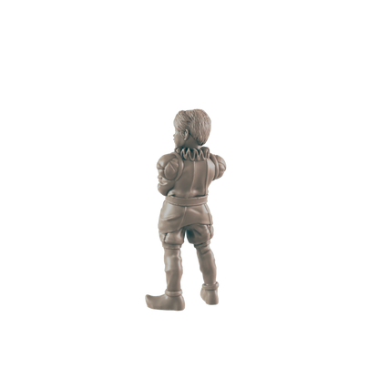 A miniature figurine stands, facing away, appearing to be a young person in medieval-style clothing.  It's a light grayish-brown, possibly made of resin, against a black background.
