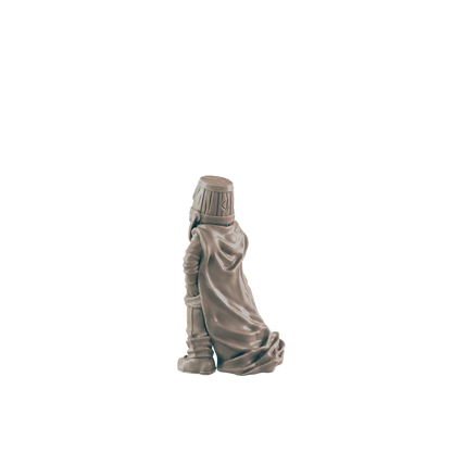 A small, light-grey figurine stands against a dark background.  The figurine wears a cloak and has a barrel for a head.