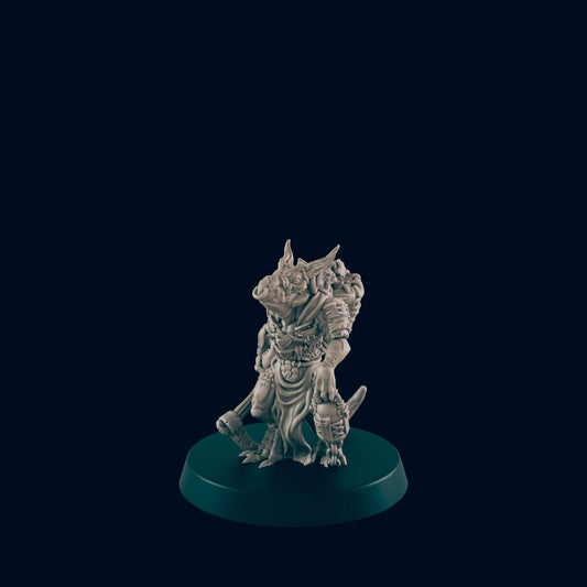 A miniature boar-like creature stands on a round base, appearing to carry weapons, against a dark background.