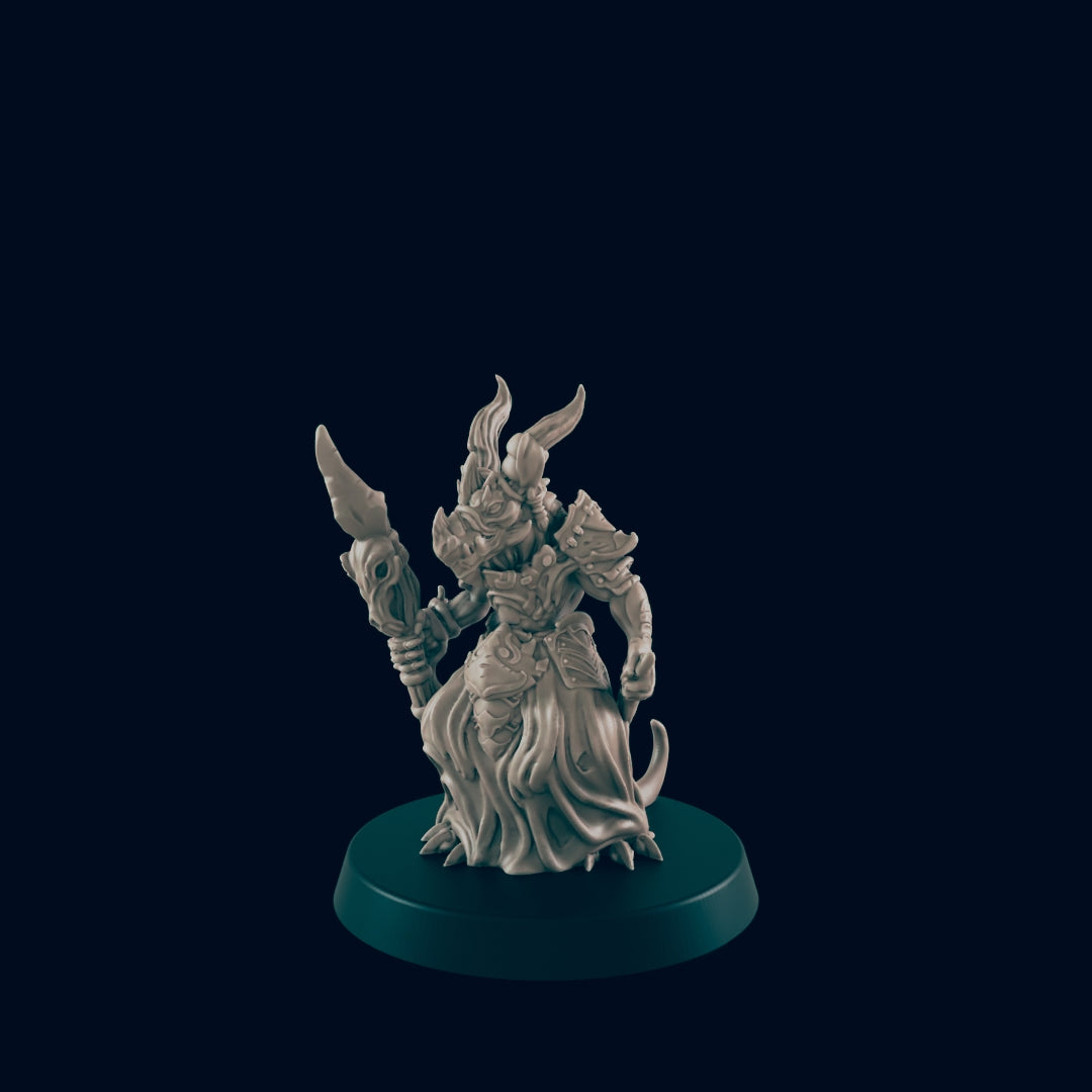 A horned humanoid figure stands holding a staff. The figure stands on a dark green circular base, against a solid dark blue background.