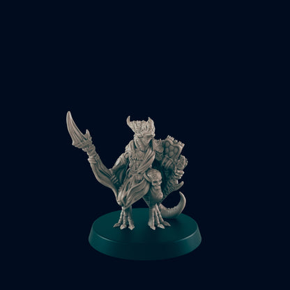 A horned, reptilian humanoid figure stands on a round, teal base, wielding a bladed weapon and a shield in a dark environment.
