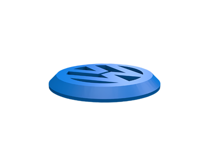 A blue disc sits on a black background; the Volkswagen logo is recessed into its surface.