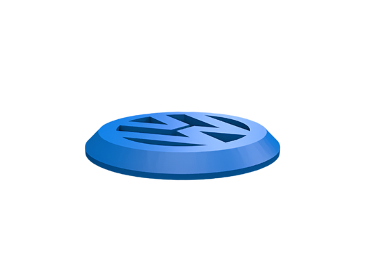 A blue disc sits on a black background; the Volkswagen logo is recessed into its surface.