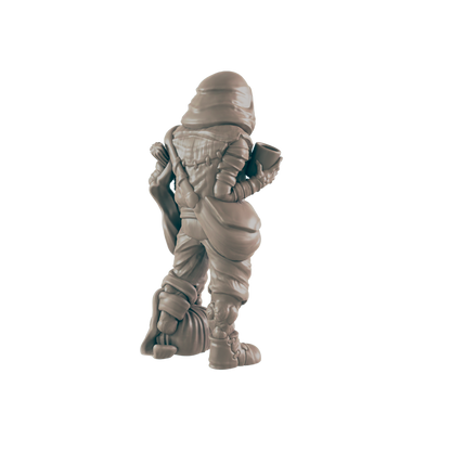 A sculpted figurine, appearing to stand, is presented against a black background.