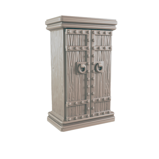 A wooden cabinet, standing upright, features a double-door design with metal accents and ring-shaped handles.  It sits on a simple base against a black background.
