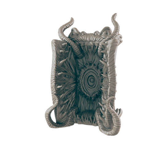 A monstrous, grey, organic portal is depicted, seemingly open, revealing a spiraling inner chamber.  Tendrils and teeth-like protrusions frame the opening against a black background.