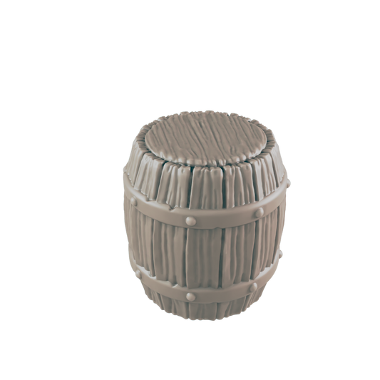 A small, wooden barrel sits on a dark background.  It is light beige, with visible wood grain and metal bands.