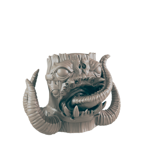A grotesque, multi-eyed creature, seemingly carved from wood, is depicted with a large, protruding tongue.  It has horns and a textured surface. The background is dark.