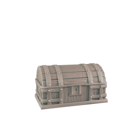 A wooden chest sits on a plain background.  It is closed and features metal bands and a keyhole.